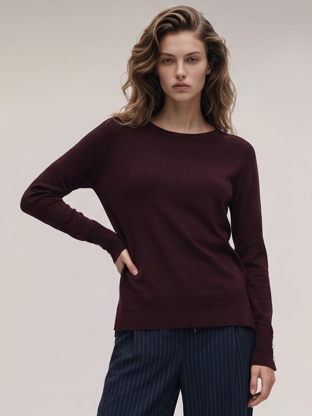 Burgundy Fine-knit crew-neck Pullover