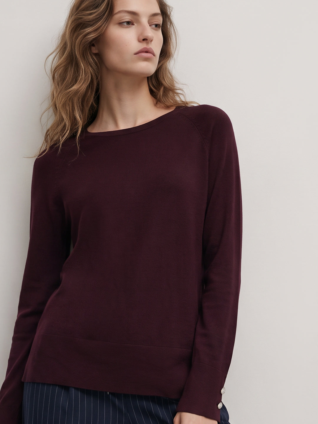 Burgundy Fine-knit crew-neck Pullover