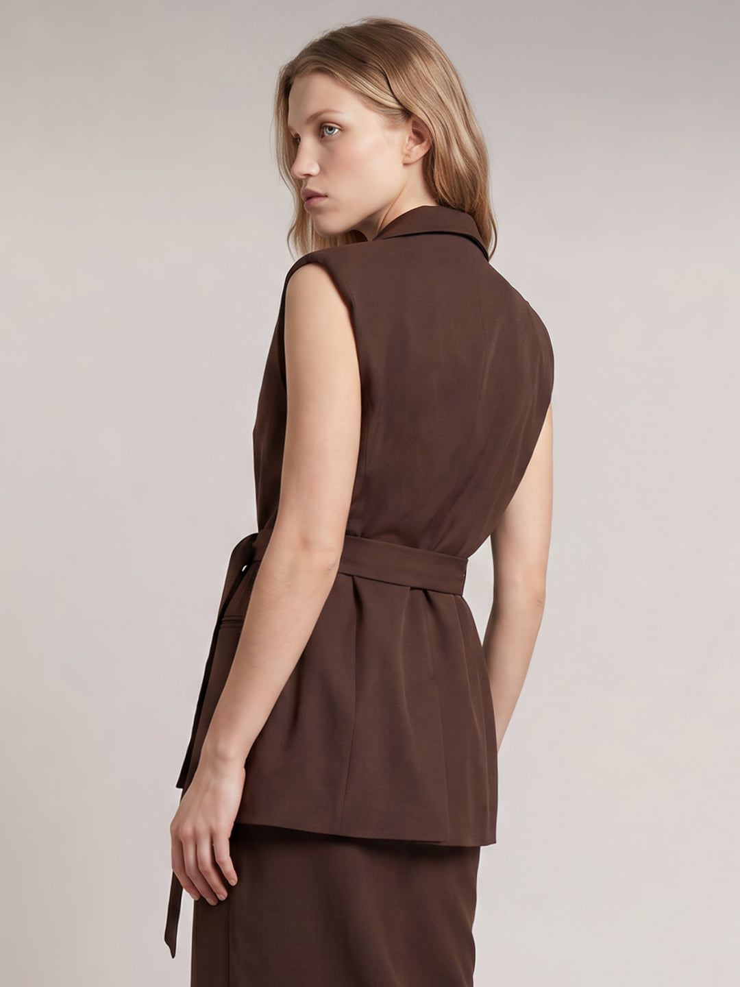 Brown Belted Longline Waistcoat Top