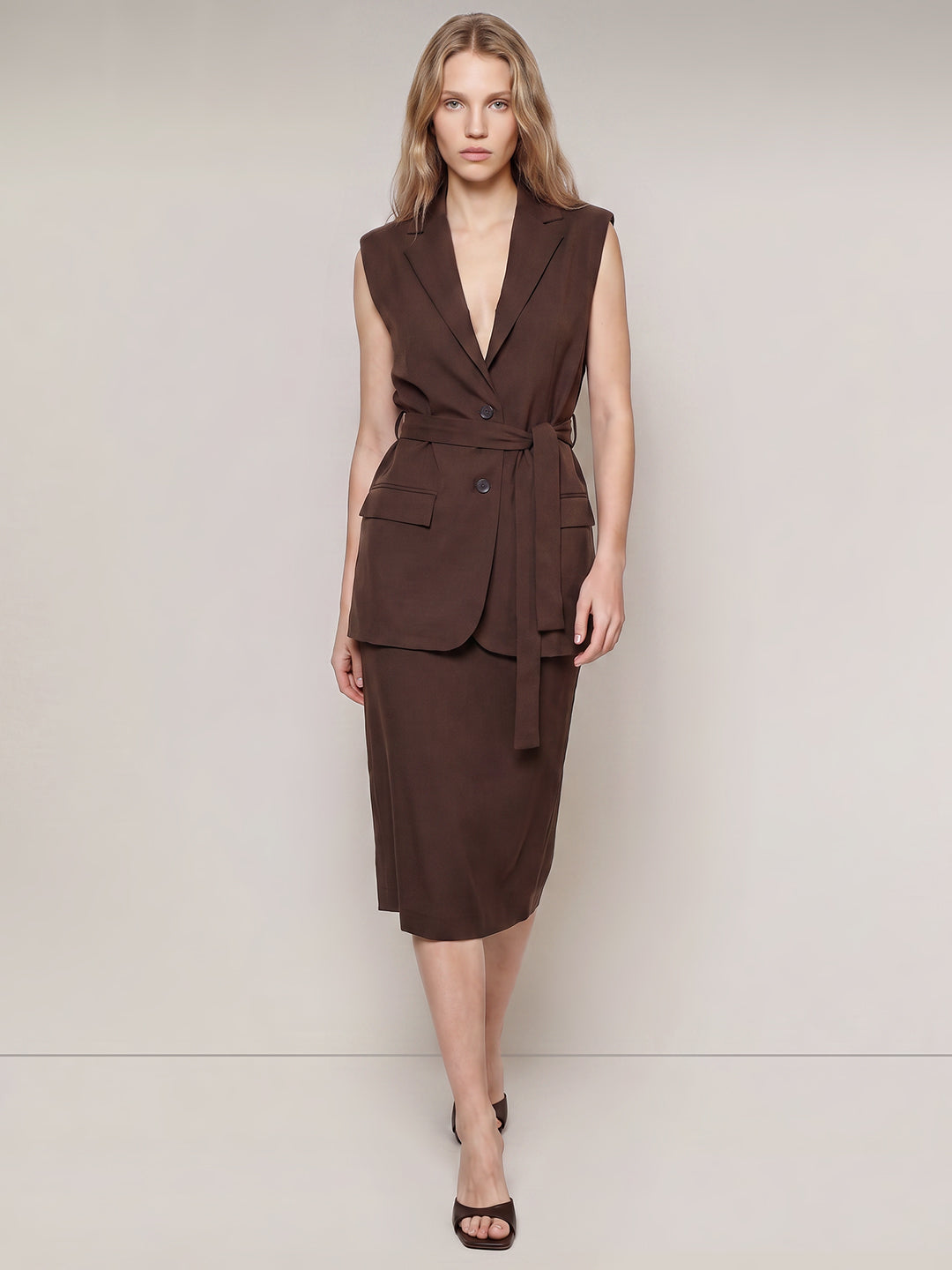 Brown Belted Longline Waistcoat Top