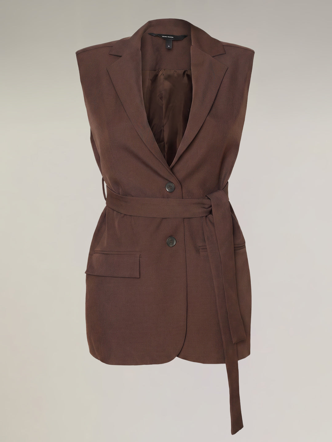 Brown Belted Longline Waistcoat Top