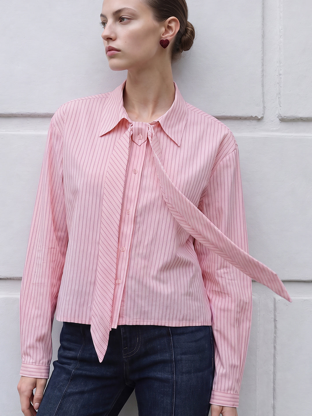 Pink Bow Detail Striped Shirt