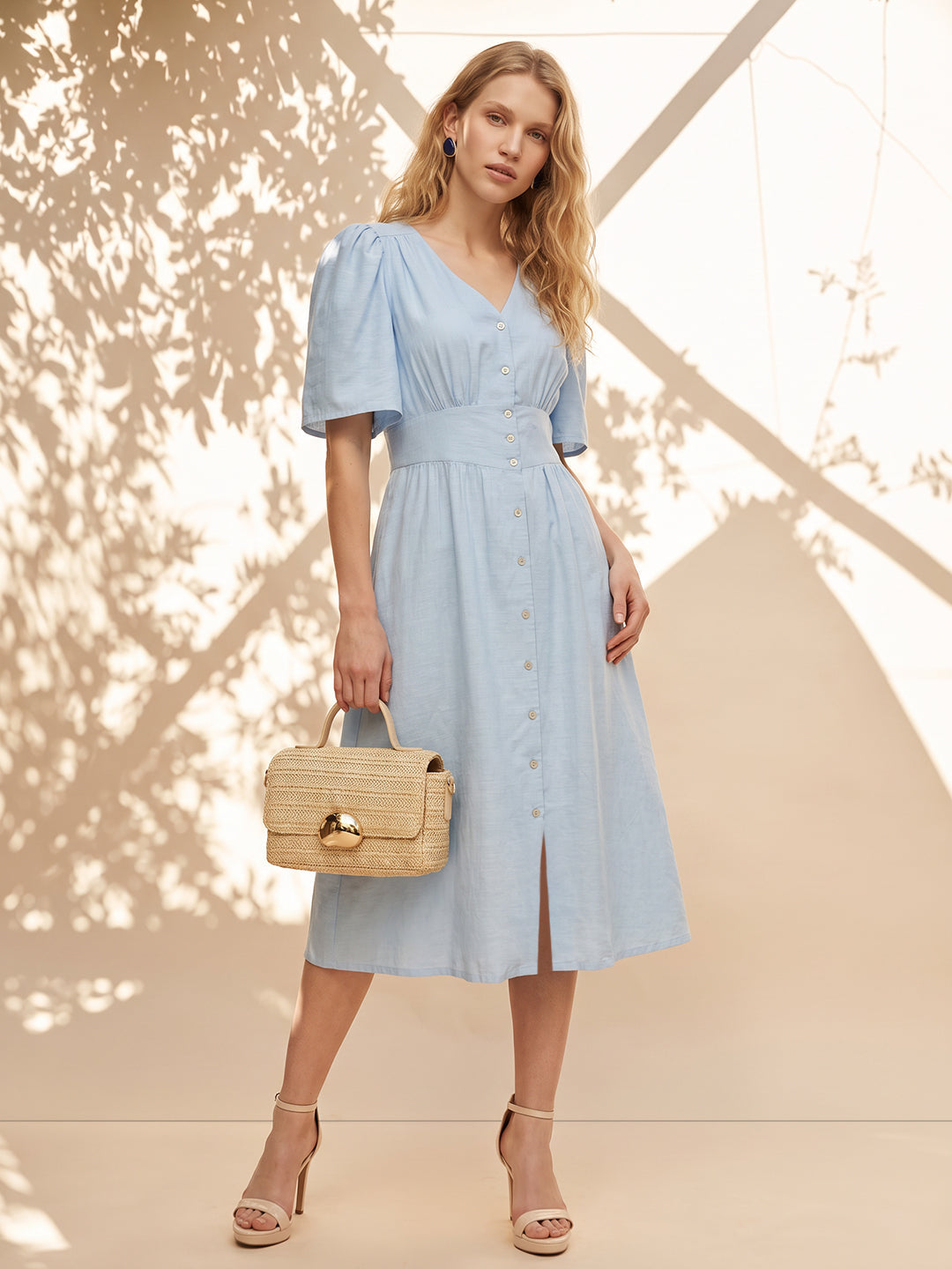 Light Blue V Neck Midi Dress