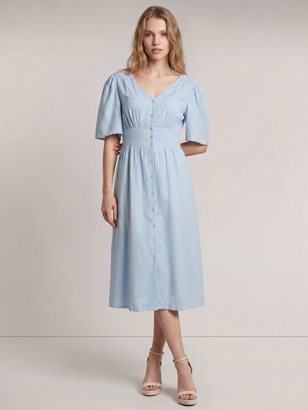 Light Blue V Neck Midi Dress