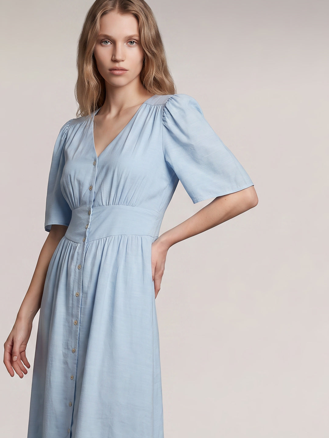 Light Blue V Neck Midi Dress