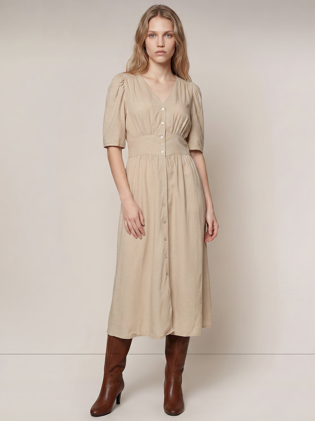 Light Beige V Neck Midi Dress