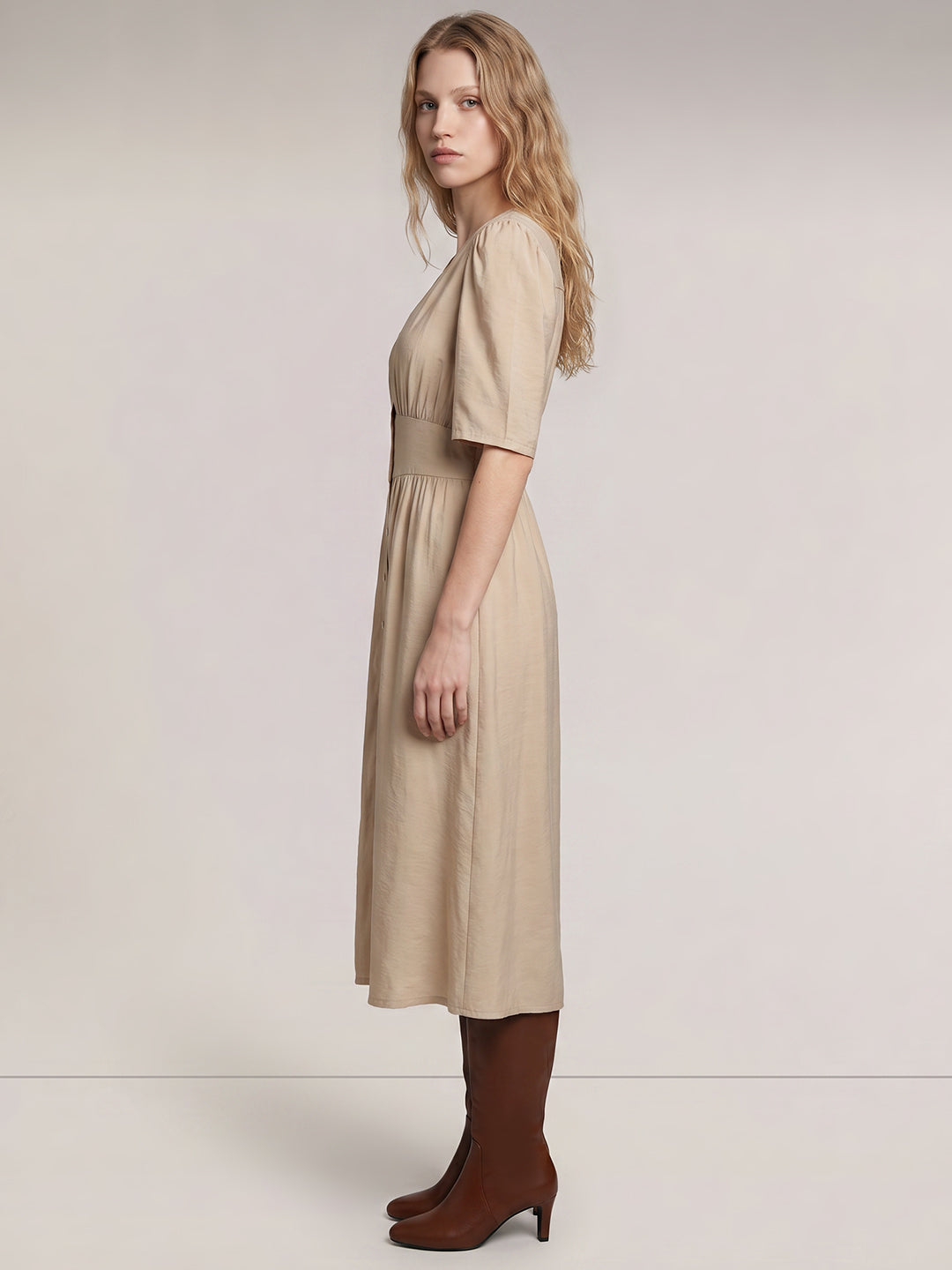 Light Beige V Neck Midi Dress