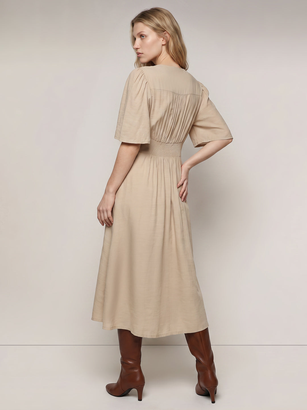 Light Beige V Neck Midi Dress