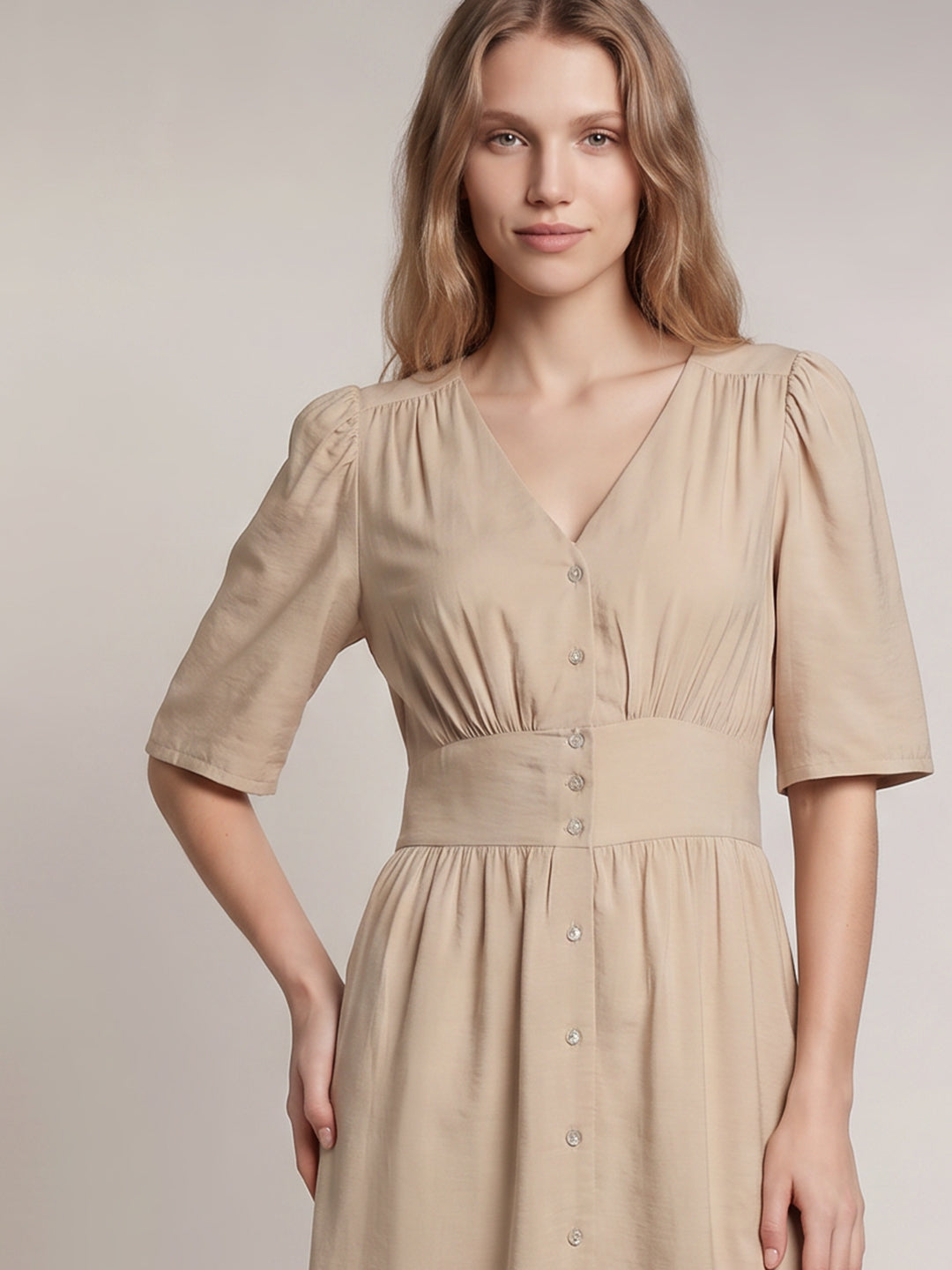 Light Beige V Neck Midi Dress