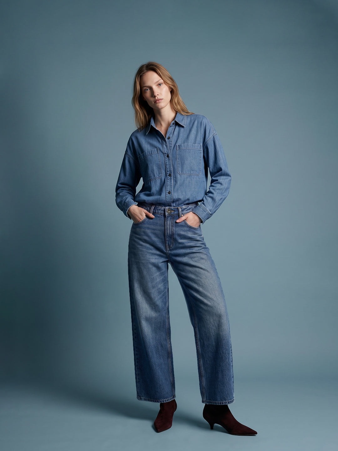 Mid Blue Wash Wide Leg Jeans