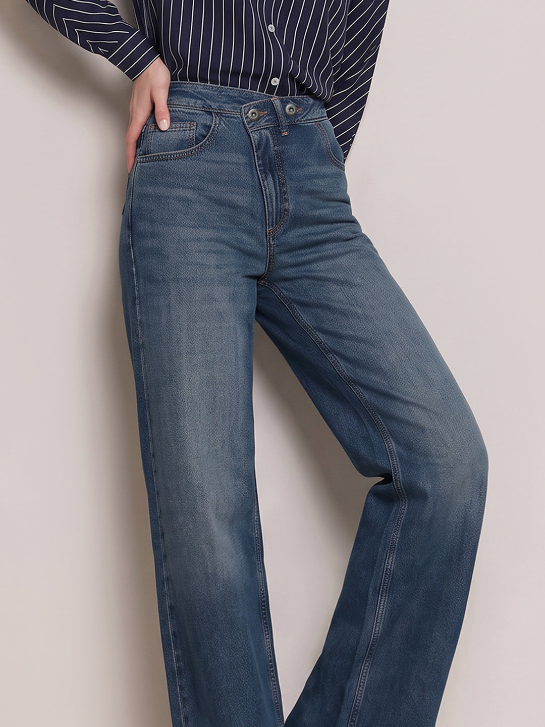 Mid Blue High Rise Wide Leg Jeans