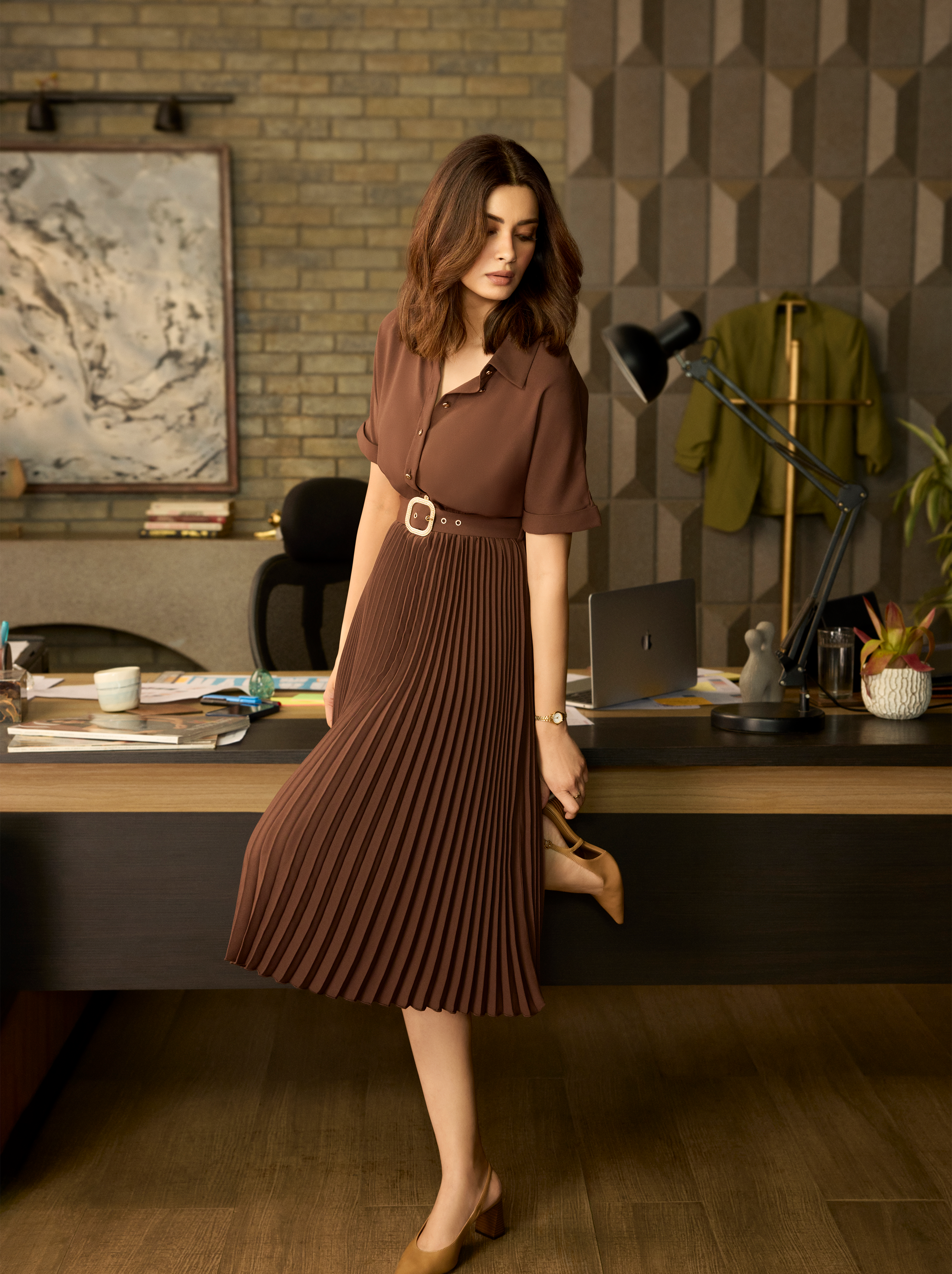 Dark Brown Pleated Shirt Dress